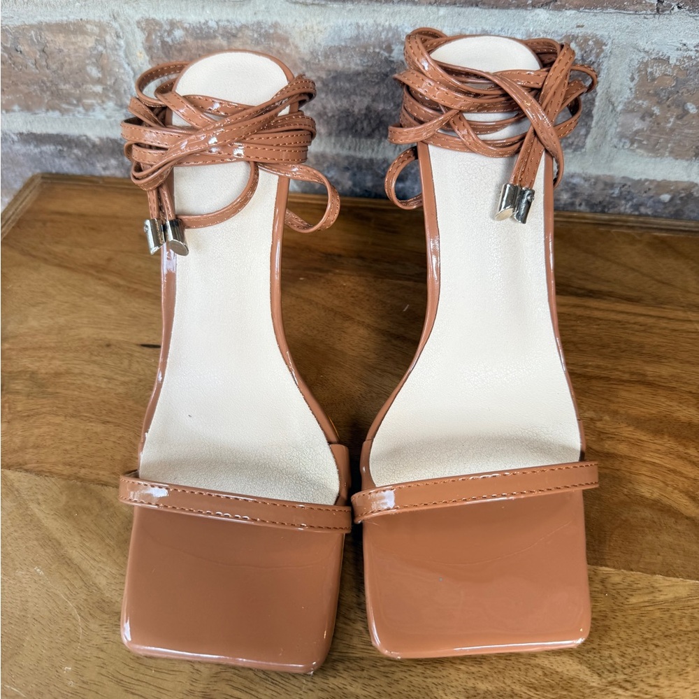 Patent Square-Toe Ankle-Tie Heels in Cognac